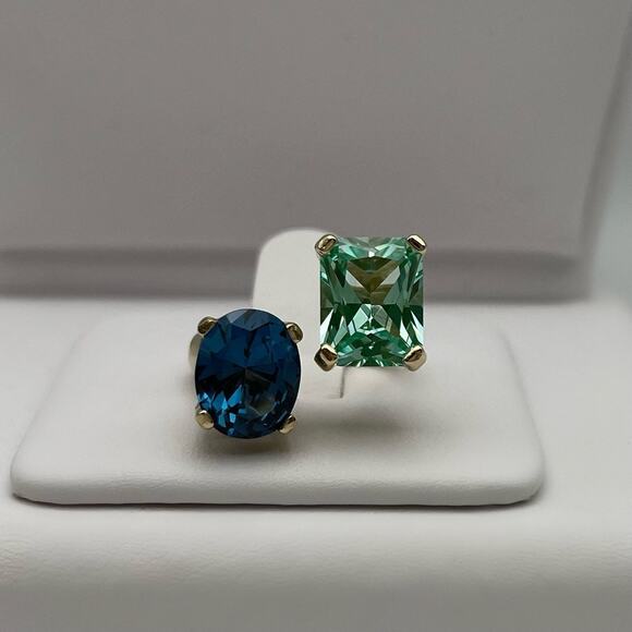 14k Gold Two Stone Ring London Blue Mint Green Spinel Negative Space Adjustable - Picture 10 of 10